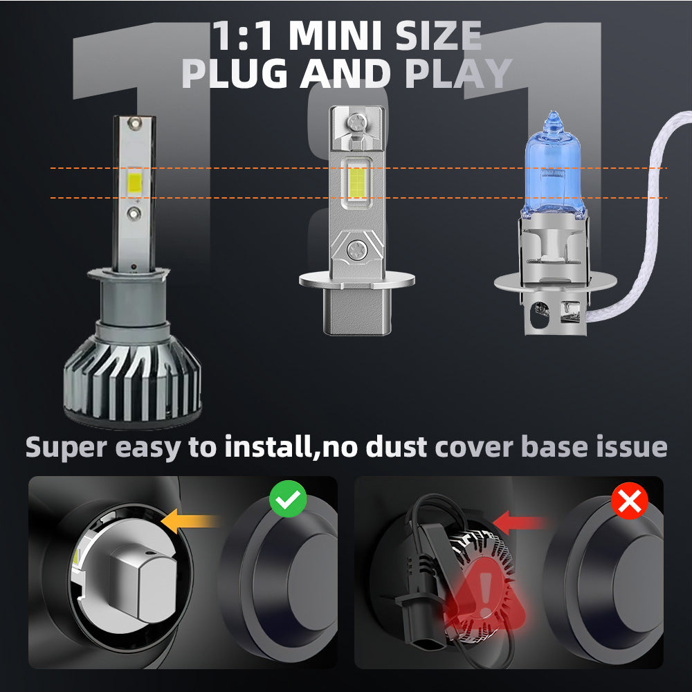 V1 H3 LED Headlight Bulb 80W 6500K 10000LM IP68 Cool White 2Pcs