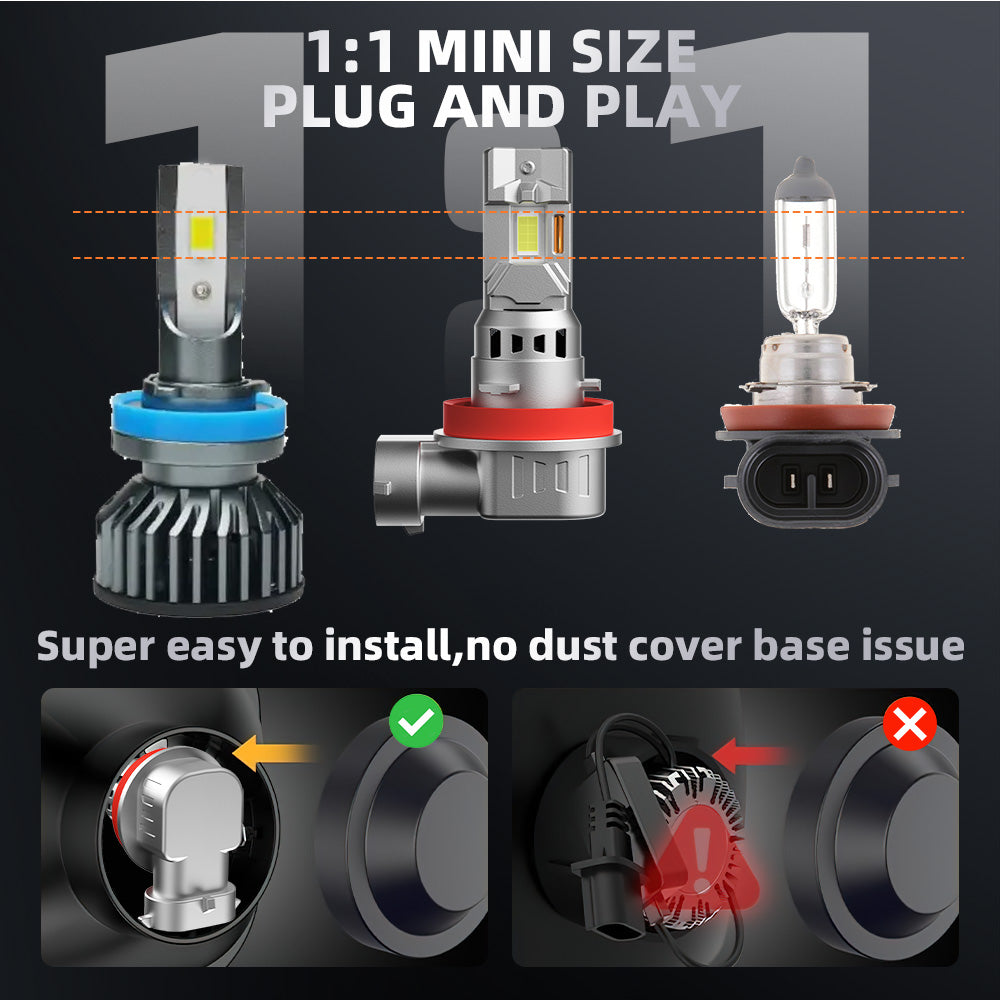 V1 H11/H9/H8 LED Headlight Bulb 80W 6500K 10000LM IP68 Cool White 2Pcs