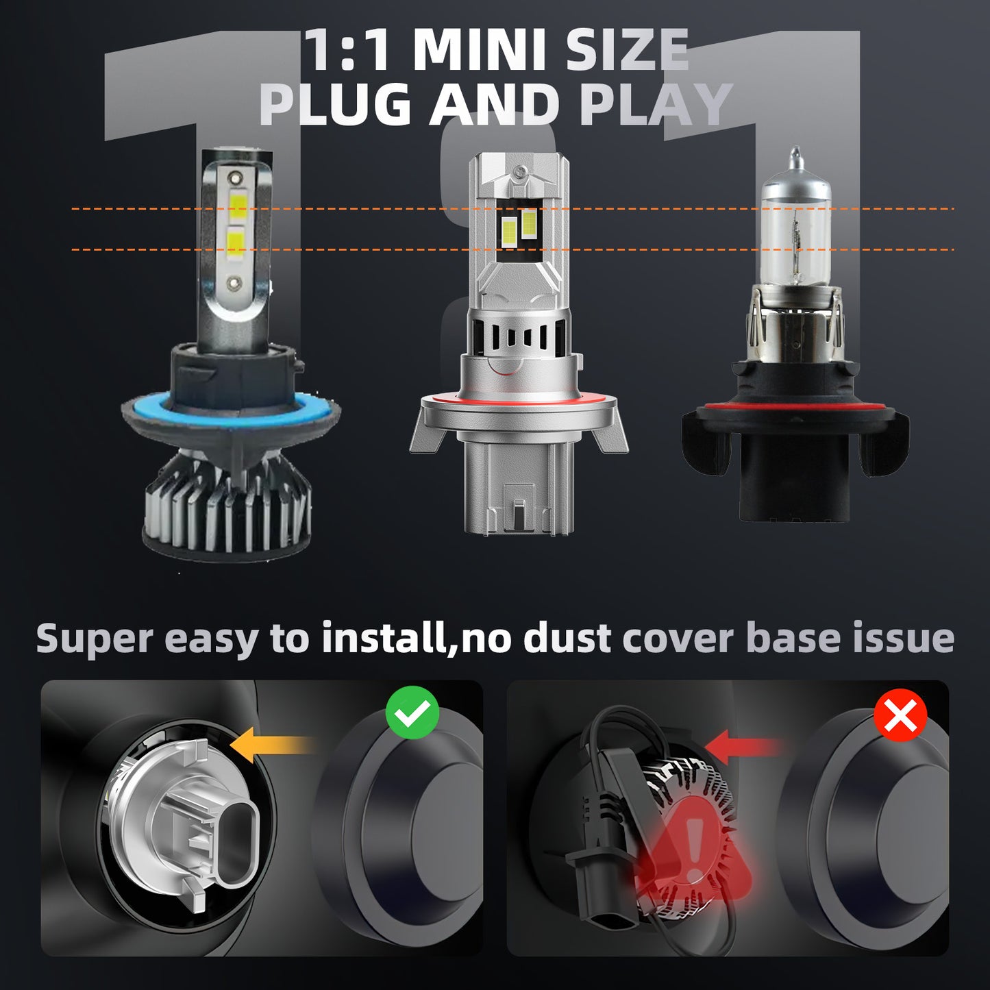 V1 H13/9008 LED Headlight Bulb 80W 6500K 10000LM IP68 Cool White 2Pcs