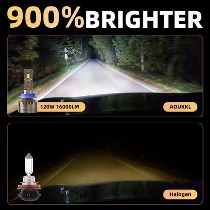 L1 H11/H9/H8 LED Headlight Bulb 120W 6500K 16000LM IP68 Cool White 2Pcs